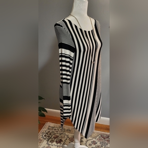 Cyrus Black/White Striped Rayon/Spandex Dress with Asymetrical Hem Size M - Picture 3 of 9